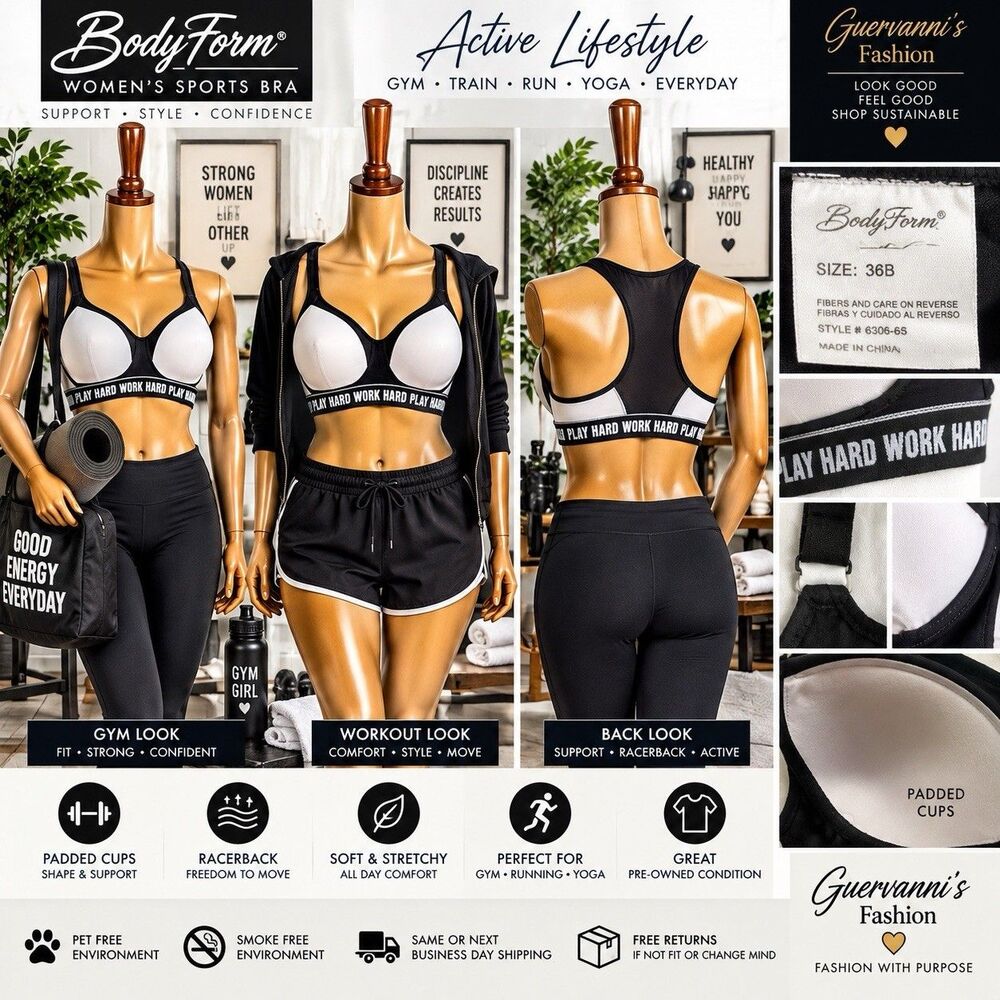 Body Form Black No Underwire Workout  Sports Bra  L 36B - Padded Sport Raceback